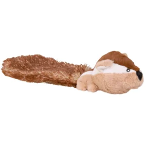 Juguete de peluche para perros con forma de ardilla marrón y cola larga y esponjosa, ideal para jugar, morder y estimular el entretenimiento diario.