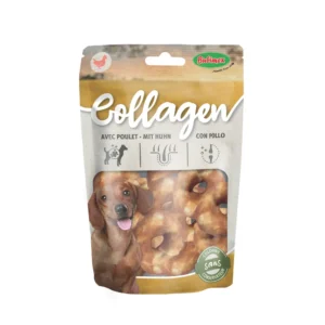Aritos de colágeno con pollo para perros, snack masticable natural que ayuda al cuidado dental y articular.