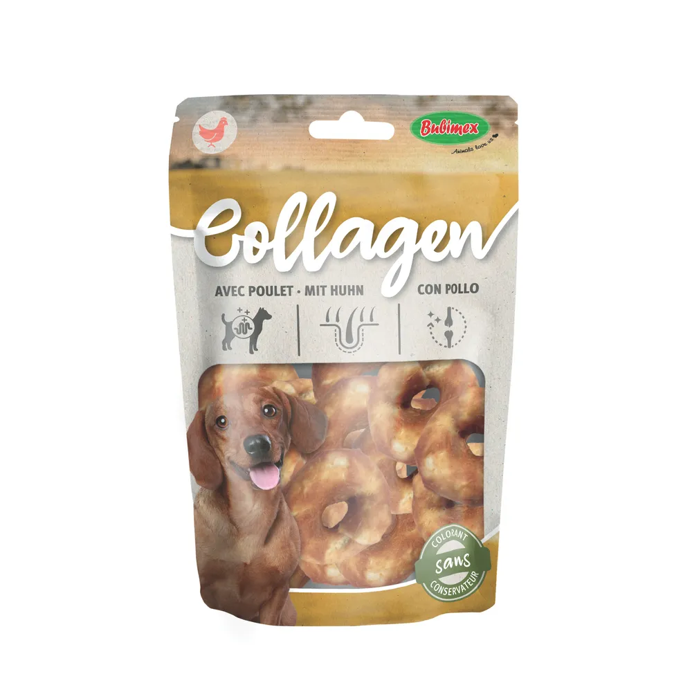 Aritos de colágeno con pollo para perros, snack masticable natural que ayuda al cuidado dental y articular.