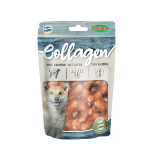Aritos de colágeno con salmón para perros, snack natural masticable que ayuda al cuidado dental, piel y articulaciones.