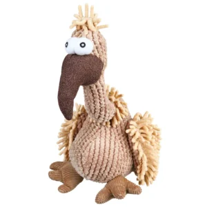 Juguete de peluche para perros con forma de ave beige de pico largo, suave y texturizado, ideal para jugar, morder y estimular la curiosidad de perros pequeños y medianos.