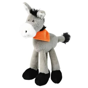Juguete de peluche para perros con forma de burro gris y pañuelo naranja, suave y ligero, ideal para jugar, morder y entretener a perros pequeños y medianos.
