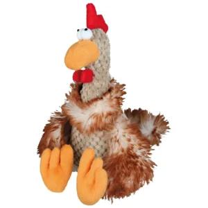 Juguete de peluche para perros con forma de gallo marrón y beige, suave y mullido, ideal para jugar, morder y estimular el entretenimiento diario.