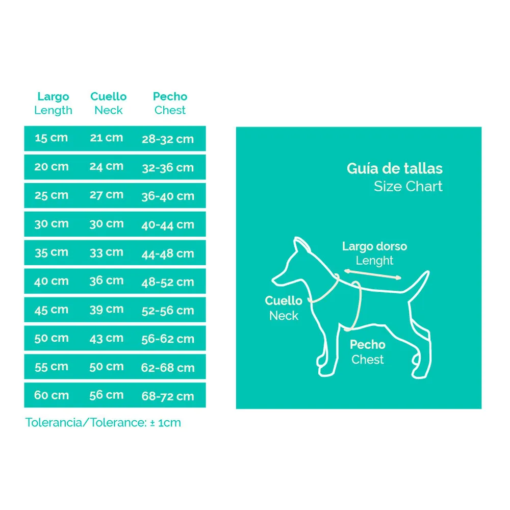 Guía de tallas del Jersey Aarhus Rosa Freedog para perros con medidas de largo, cuello y pecho.