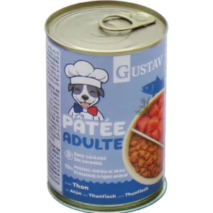 Lata de comida húmeda Gustav Patée Adulte con atún para perros adultos, receta sin cereales rica en proteínas animales y pescado.