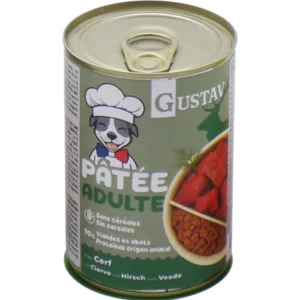 Lata de comida húmeda Gustav Patée Adulte con ciervo para perros adultos, receta sin cereales rica en proteínas animales y sabor intenso.