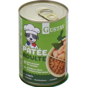 Lata de comida húmeda Gustav Patée Adulte con conejo para perros adultos, receta grain free rica en proteínas animales y fácil de digerir.