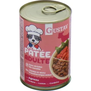Lata de comida húmeda Gustav Patée Adulte con cordero para perros adultos, receta sin cereales rica en proteínas animales.