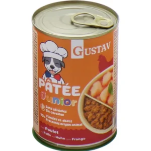 Lata de comida húmeda Gustav Patée Junior de pollo para cachorros, alimento sin cereales rico en proteínas animales para perros jóvenes.