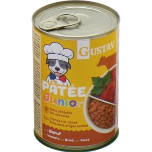 Lata de comida húmeda Gustav Patée Junior sabor vacuno para cachorros, paté sin cereales con proteínas de origen animal ideal para perros jóvenes.