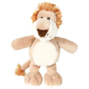 Juguete de peluche para perros con forma de león beige y melena marrón, suave y ligero, ideal para jugar, morder y acompañar a perros pequeños y medianos.
