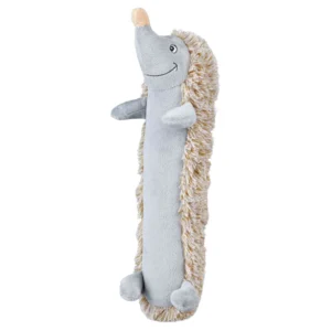 Juguete de peluche para perros con forma de erizo gris, suave y alargado, ideal para morder, jugar y aportar compañía a perros cachorros y adultos.