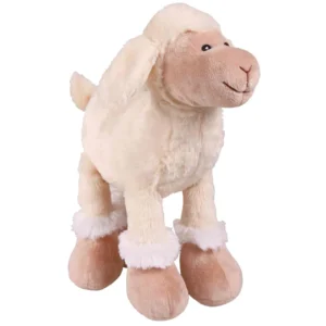Juguete de peluche para perros con forma de oveja beige, suave y mullida, ideal para jugar, morder y acompañar a perros pequeños y medianos.