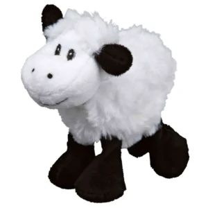 Juguete de peluche para perros con forma de oveja blanca y patas negras, suave y mullido, ideal para jugar, morder y acompañar a perros pequeños y medianos.