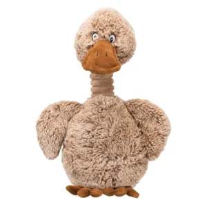 Juguete de peluche para perros con forma de pato beige y pico marrón, suave y mullido, ideal para jugar, morder y acompañar a perros pequeños y medianos.