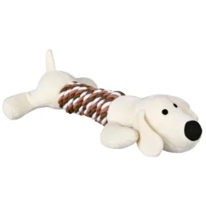 Juguete para perros con forma de perro de peluche y cuerpo de cuerda trenzada marrón y blanca, ideal para morder, jugar y favorecer la limpieza dental.