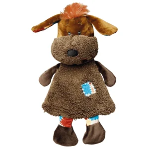 Juguete de peluche para perros con forma de perrito marrón, suave y acolchado, ideal para jugar, morder y acompañar a perros pequeños y medianos.