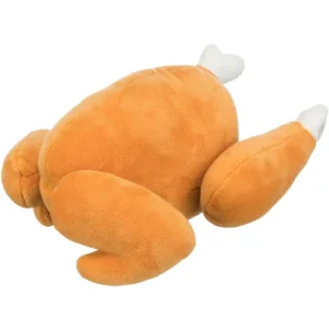 Juguete de peluche para perros con forma de pollo asado, suave y acolchado, ideal para jugar, morder y entretener a perros pequeños y medianos.