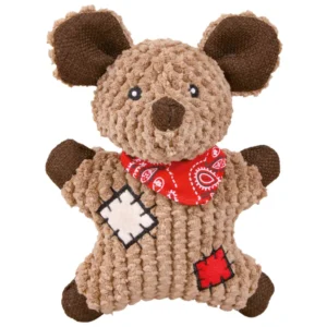 Juguete de peluche para perros con forma de ratón marrón, textura suave y parches decorativos, ideal para jugar, morder y entretener a perros pequeños y medianos.