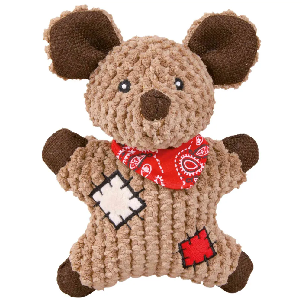 Juguete de peluche para perros con forma de ratón marrón, textura suave y parches decorativos, ideal para jugar, morder y entretener a perros pequeños y medianos.