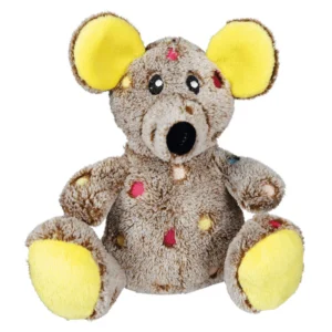 Juguete de peluche para perros con forma de ratón marrón y orejas amarillas, suave y mullido, ideal para jugar, morder y acompañar a perros pequeños y medianos.