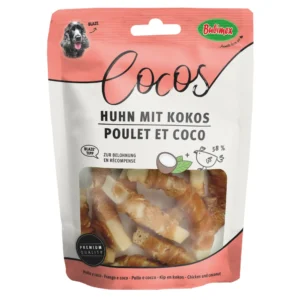 Snack para perros de coco envuelto en pechuga de pollo, premio natural y sabroso para perros de todas las edades.