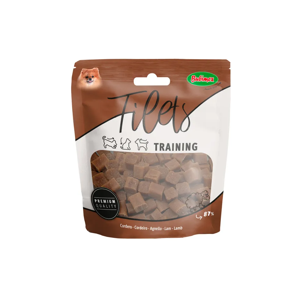Snacks Filets Training de cordero para perros en formato taquitos pequeños, ideales como premio de adiestramiento.
