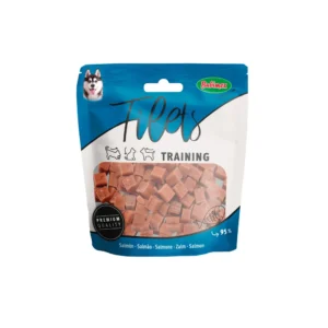 Snacks Filets Training de salmón para perros en pequeños taquitos blandos ideales para adiestramiento y premios diarios.