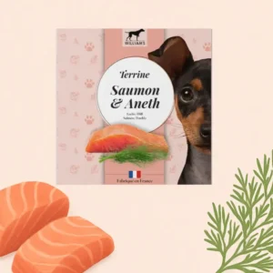 Terrina Williams de salmón y eneldo para perros, comida húmeda gourmet elaborada en Francia con ingredientes naturales.