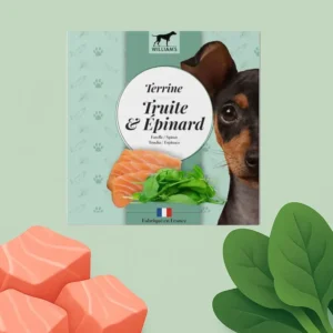 Terrina Williams de trucha y espinacas para perros, comida húmeda gourmet elaborada en Francia con ingredientes naturales y pescado.