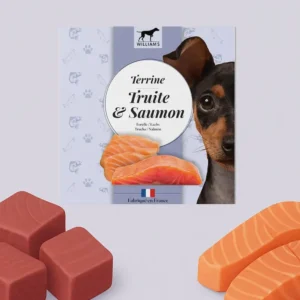 Terrina Williams de trucha y salmón para perros, comida húmeda gourmet elaborada en Francia con pescado y proteínas de calidad.